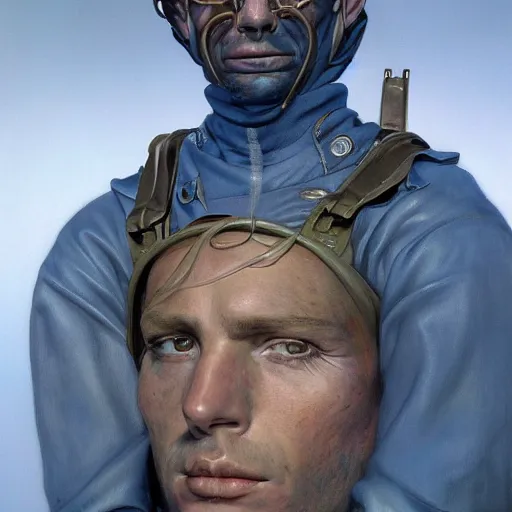 Image similar to Portrait of a soldier, illustration by Michael Whelan, fantasy art, visionary art, acrylic painting, smooth blending