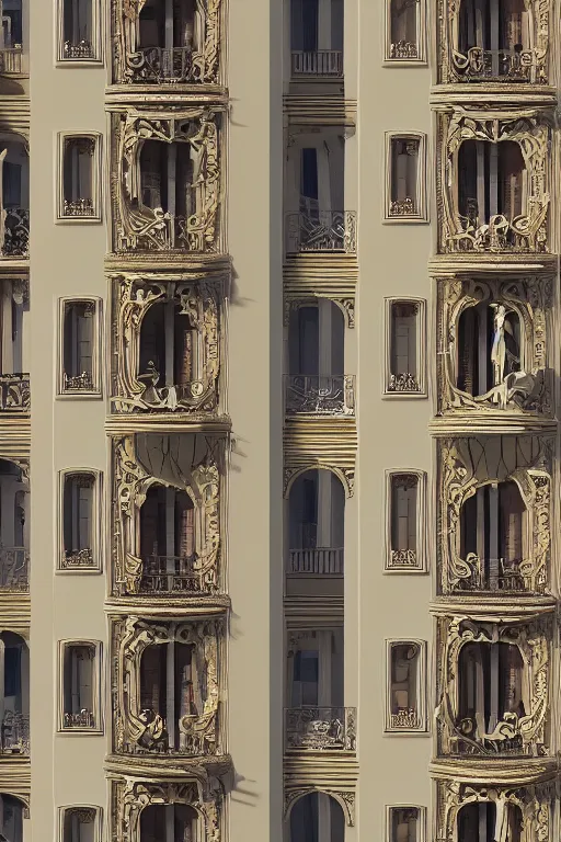 Prompt: Tall apartment on an art nouveau street, balconies, Baroque columns with intricate carvings, highly detailed, cinematic, cgsociety 8k