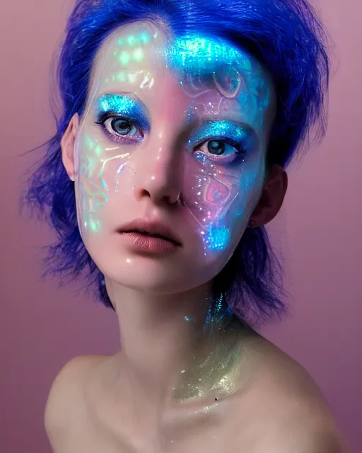 Image similar to natural light, soft focus portrait of an android with soft synthetic pink skin, blue bioluminescent plastics, smooth shiny metal, elaborate ornate head piece, piercings, skin textures, by annie liebovotz,