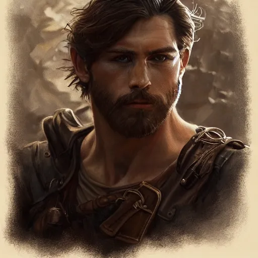 Image similar to portrait of a rugged ranger, 2 5 years old, muscular, upper body, leather, hairy torso, d & d, fantasy, intricate, elegant, highly detailed, digital painting, artstation, concept art, smooth, sharp focus, illustration, art by artgerm and greg rutkowski and alphonse mucha