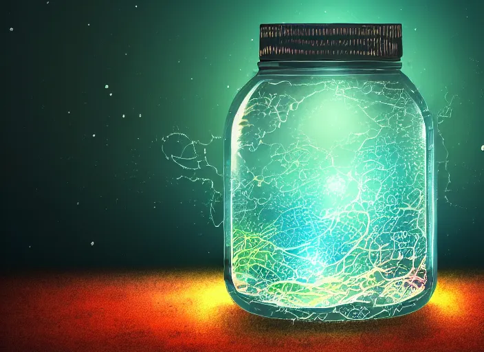 Prompt: bioluminescent neurons floating jar of broken glass with a dramatic turbulent ocean, concept artists, backlit, intricate, indie studio, fantasy, rim lighting, flourecent colors, emotional, sketch, realistic, whimsical, noise, stippling