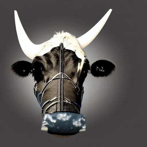 Image similar to a highly detailed ultra realistic photograph of a cow dressed in a fighter jet jumpsuit and mask