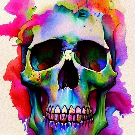 Image similar to watercolor art on paper, skull with bath bomb explosions all around, highly detailed, artstation, masterpiece, award - winning