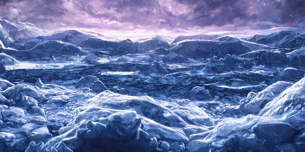 Prompt: view of an icy cold planet with propane lakes,concept art, digital painting, still, highly detailed, intricate details, landscape