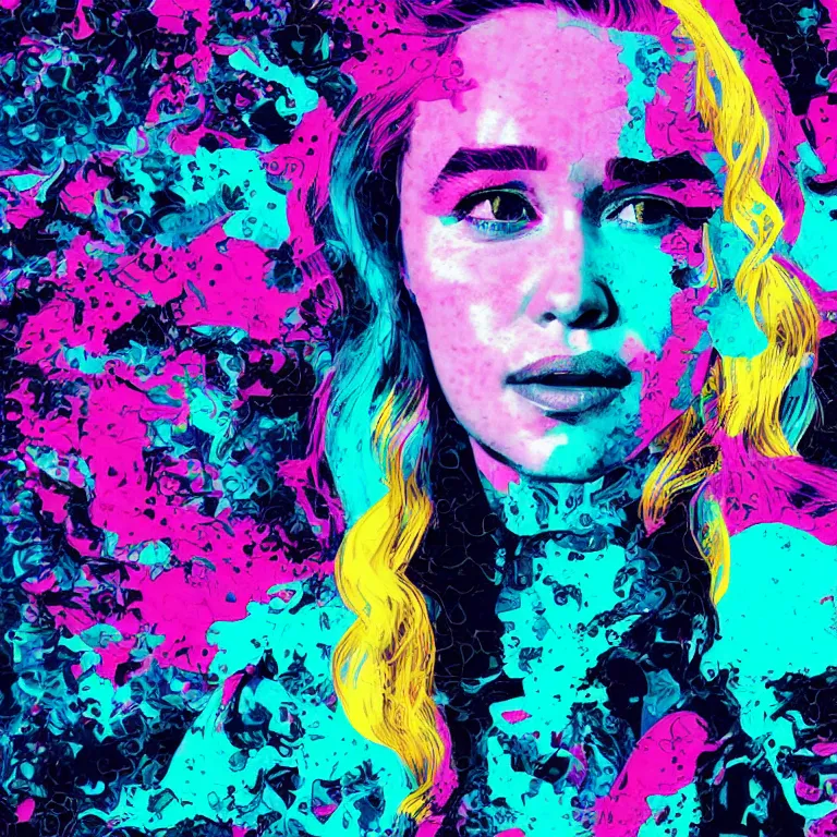 Image similar to Pop-art portrait of Emilia Clarke in style of glitchcore, photorealism