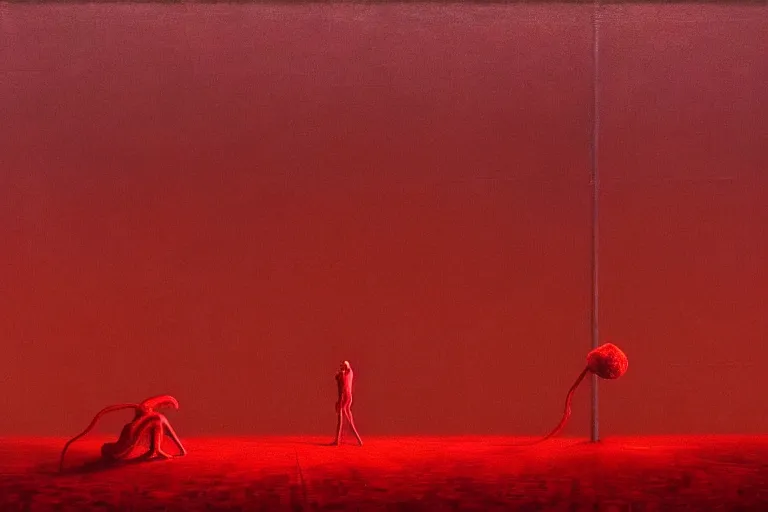 Image similar to only with red, red god of death eat apple, a futuristic city on mars in the background, red worms on the floor, in the style of beksinski, part by hopper, part by rodcenko, part by hofbauer, intricate composition, red by caravaggio, insanely quality, highly detailed, masterpiece, red light, artstation, 8 k