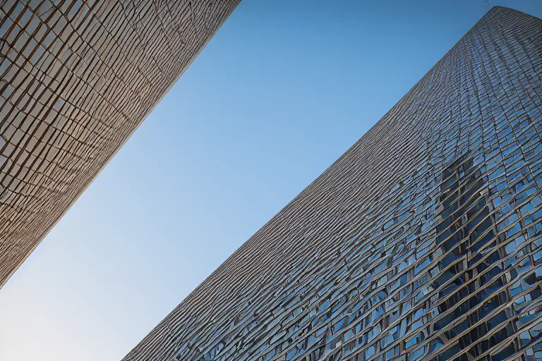 Prompt: the first 1 mile tall building in sunset, portrait format, 18mm lens, architectural photography