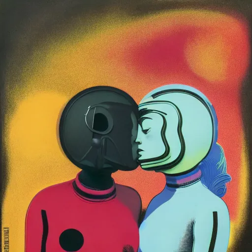 Prompt: portrait of an two girls kissing each other wearing astro helmet with tight black latex dress tight suit by Andy warhol, Edward Hopper and James Gilleard, Zdzislaw Beksinski, Mark Ryden, Wolfgang Lettl highly detailed