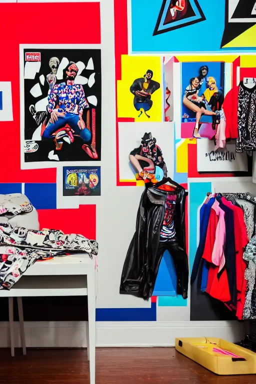 Prompt: darker boy room with full of pop art poster, and scattered clothes, photorealistic, smooth, 4 k, aesthetic lighting, baroque object, sharp focus, hyperdetailed, professional photography, pullitzer winning, photo by : canon eos 5 d mark iv, by karah mew and adnan abidi and jodie bateman