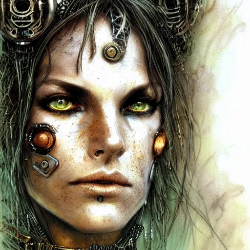 Prompt: an award finning closeup facial portrait by luis royo and john howe of a very beautiful and attractive female bohemian cyberpunk traveller aged 5 0 with green eyes and freckles in clothed in excessively fashionable cyberpunk gear and wearing ornate warpaint