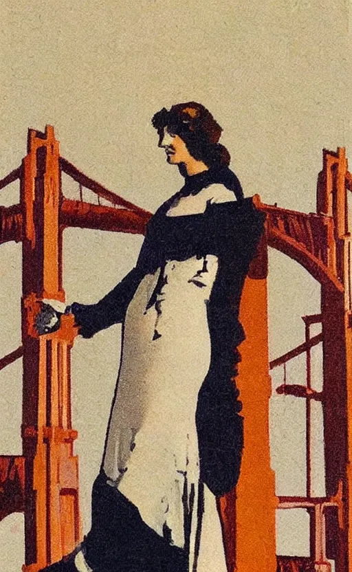 Image similar to art nouveau! style, woman overlooking, golden gate bridge! first pillar!!! in the background, early 1 9 0 0 s!!