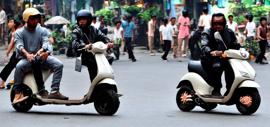 Image similar to kanye west riding scooter in hanoi, a photo in daylight