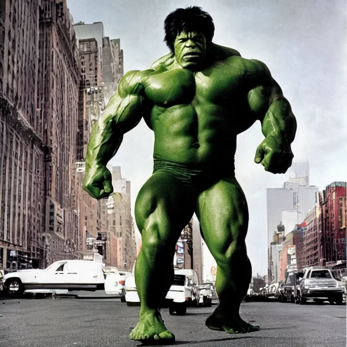 Image similar to a color photo portrait of the incredible hulk looking angry in new york city by richard avedon dramatic lighting.