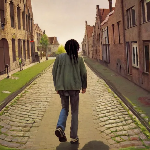 Prompt: bob marley walking in bruges, painted by scott listfield, sunny, happy