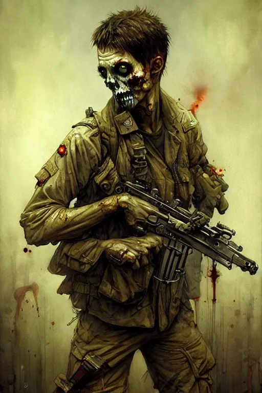 Image similar to soldier zombie | esoteric symbolism | jean - baptiste monge, esao andrews, bastien lecouffe - deharme, tim jacobus, ken currie | ultra - detailed realism, soft cinematic lighting, hi - fructose, artstation, high - quality, ink watercolors wes anderson poster art