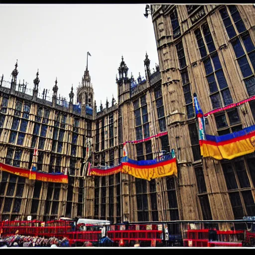 Image similar to the houses of parliament in london decorated for king charles ii's coronation, london