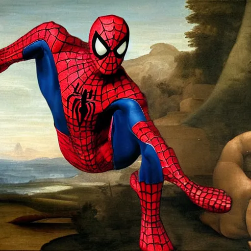 Image similar to Renaissance painting of spiderman doing cool tricks