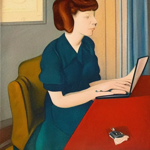 Image similar to 2 0 th century painting of a woman gazing contemplatively at a computer