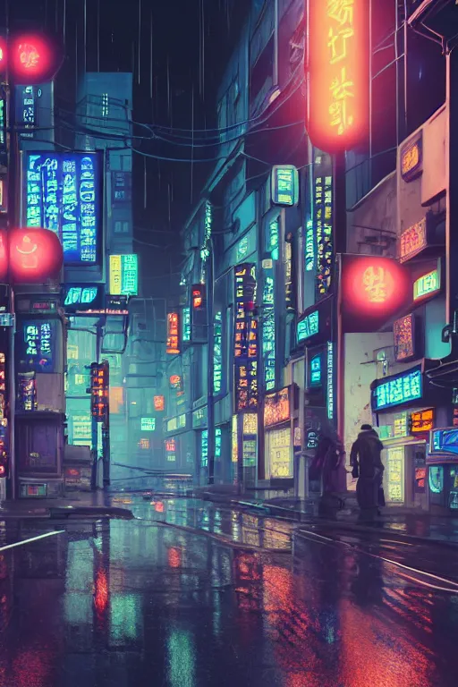 Image similar to isometric view of a cyberpunk neo-Tokyo street with illuminated signs and wet pavement, by Andrei Riabovitchev, Shaun Tan, Peter Mohrbacher and Takayuk, cinematic, realistic, intricate detail, finely detailed, small details, extra detail, photorealistic, high resolution, 3D, PBR, path tracing, volumetric lighting, octane render, arnold render, 8k
