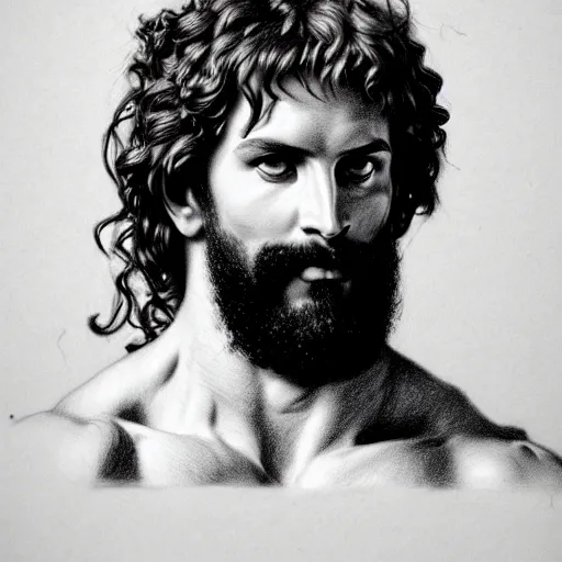 Prompt: portrait of meditative muscled bearded god dionysus with leaves and grape in his hair, tom finland, bouguereau, pencil drawing