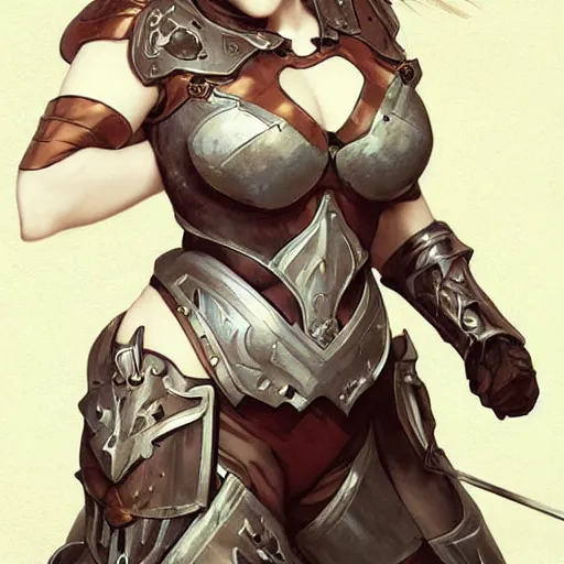 Image similar to a woman dressed in armor, exposed thighs, art by krenz cushart and artem demura and alphonse mucha and arthur adams, polycount, fantasy art, polycount