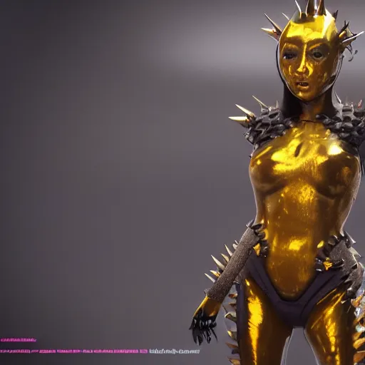 Image similar to cute girl, rubber spikes on the body, rubber skin spikes, spikes are from rubber, purple skin, skinny, gold armor, battleground background, battlefield, concept art, artstation, award winning, high detailed, 4k, 8k, hd textures, octane render, intricate details, volumetric lighting, realistic, hyperdetailed