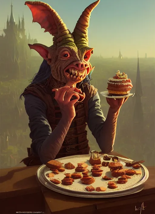 Image similar to highly detailed portrait of a medieval goblin eating cakes, stephen bliss, unreal engine, greg rutkowski, loish, rhads, beeple, makoto shinkai and lois van baarle, ilya kuvshinov, rossdraws, tom bagshaw, tom whalen, alphonse mucha, global illumination, god rays, detailed and intricate environment