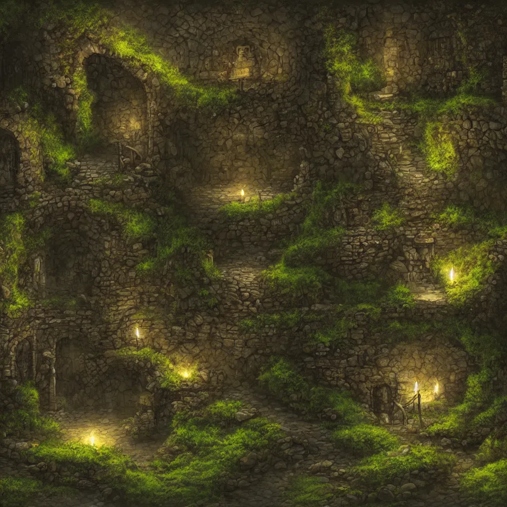 Prompt: an ancient dungeon interior with stone walls, stagnant water, mossy overgrowth, soft ambient lighting from wall mounted torches, trending on artstation