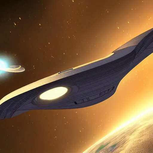 Prompt: generation ship flying through space heading to a new world, realistic digital art