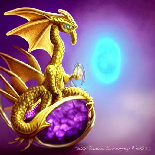 Prompt: baby dragon hatchling with horns, hatching out of a dragon egg, opals, amethyst, gold, velvet fabric, fantasy, mythology, unreal engine, digital painting, ethereal, heavenly,