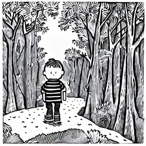 Image similar to mcbess illustration of a little boy with a blue backpack in a forest