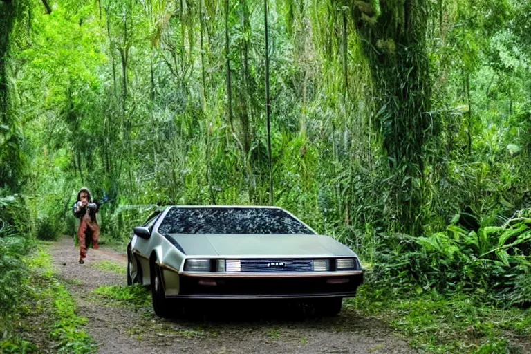 Image similar to movie scene where marty is flying the delorean trough a jungle of lush green trees