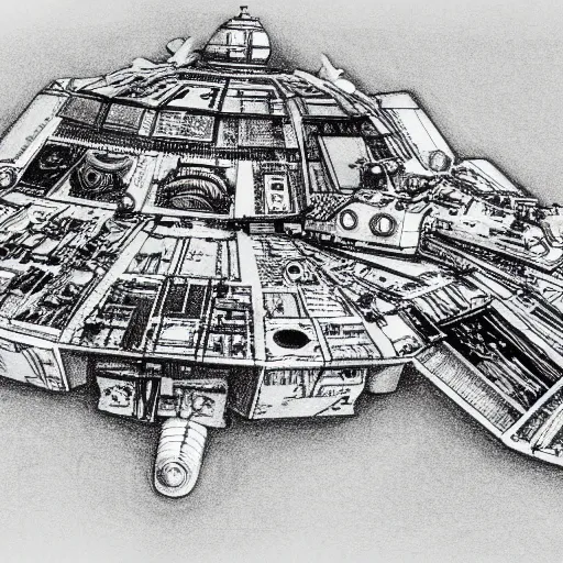 Image similar to black and white drawing of a landed spaceship with greebles, star wars, Nostromo, galactica