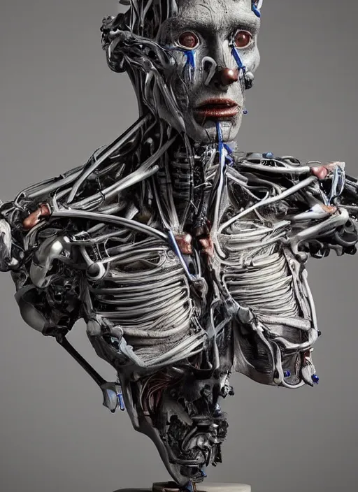 Image similar to a bust sculpture of anatomical detailed cyborg, blue blood, become human, ceramic base, orthographic, studio lighting