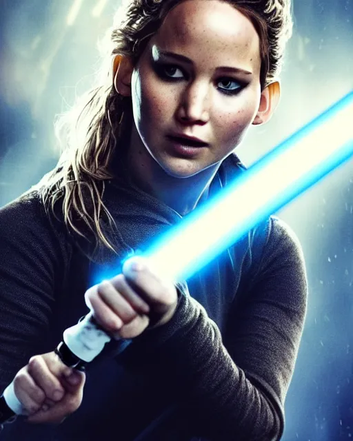 Prompt: jennifer lawrence, battle scared with ripped and damaged clothes, as a jedi holding up a blue lightsaber, very dark background, official new star wars episode xi movie poster from lucas arts, perfect symmetrical face, moody lighting, 8 k, shallow depth of field, intricate detail,