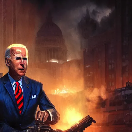 Image similar to joe biden as an evil terrorist, dramatic lighting, cinematic, establishing shot, extremly high detail, photorealistic, cinematic lighting, artstation, style by James Gurney