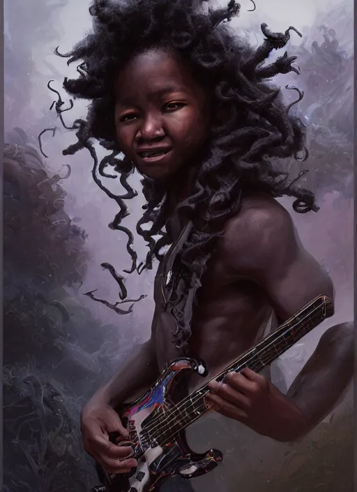 Image similar to fantasy changeling black kid with long curly hair playing electric guitar, half half, dim light, front game card, marvel comics, dark, intricate, highly detailed, smooth, artstation, digital illustration by ruan jia and mandy jurgens and artgerm and wayne barlowe and greg rutkowski and zdislav beksinski