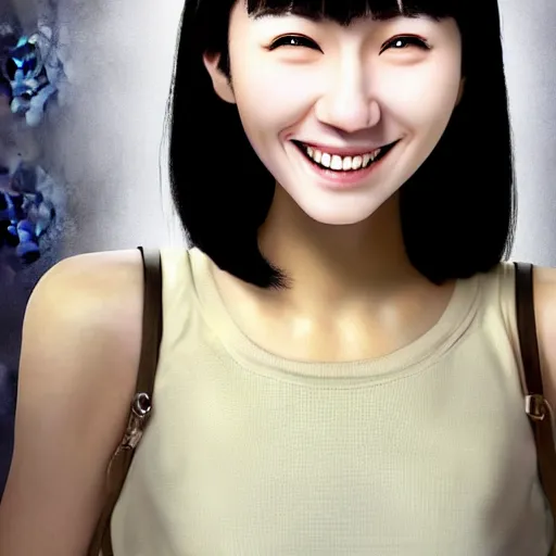 Prompt: a manically smiling female korean human face with hypnotizing souless eyes, uncanny valley, disturbing, weird,