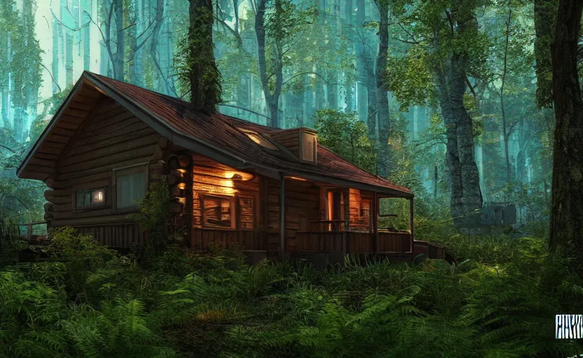 Prompt: photorealistic cyberpunk cabin in a lush forest. daylight. light fixtures. 8K. detailed. photorealism. artstation. 25mm f/1.7 ASPH Lens. ultra realistic