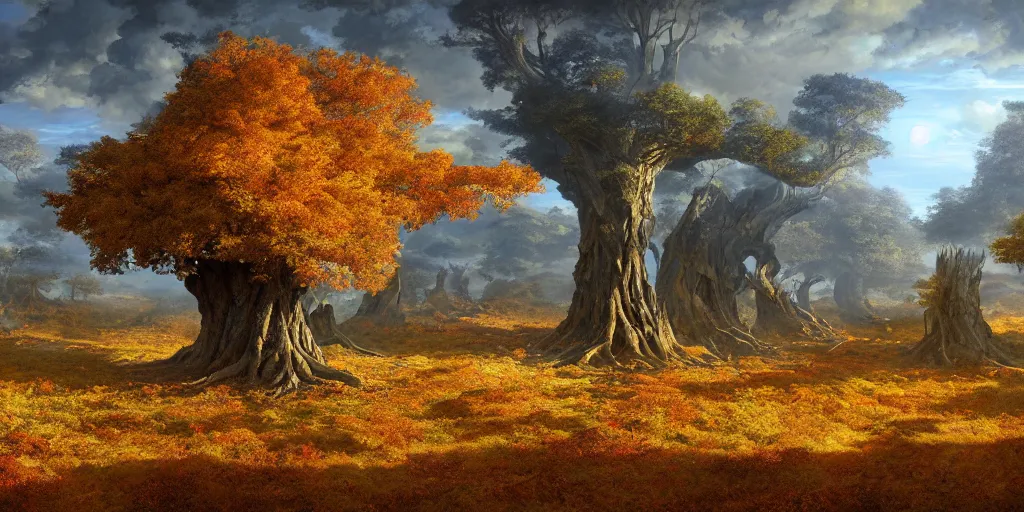 Image similar to Fantastical open landscape by Ted Nasmith, giant world tree, roots, amber, autumn, digital painting, concept art, landscape