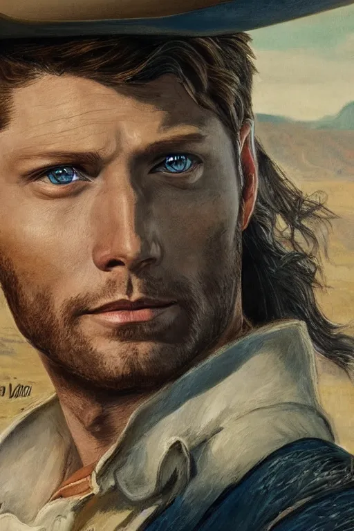 Prompt: a ultradetailed portrait of jensen ackles as an old west gunfighter, masterpiece, 8 k, art by rembrant and akira toriyama