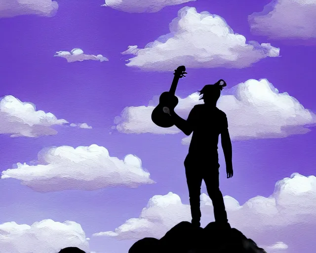 Image similar to A slightly silhouetted figure of a man with a guitar, clouds that look like mountains high in the sky, the clouds are a deep blue purple color with the sun blazing behind the clouds, deep focus, D&D, fantasy, intricate, elegant, highly detailed, digital painting, artstation, concept art, matte, sharp focus, illustration, hearthstone, art by Andreas Rocha and Esao Andrews