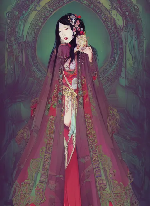 Image similar to a digital illustration of a young asian woman, ornate, colorful robe, shy, illustrated by jung chen ( lulu chen ), featured on artstation, gothic art, anime aesthetic, art on instagram, gothic, dark
