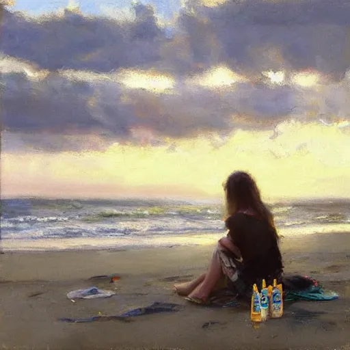 Image similar to “ a girl sitting on rockaway beach drinking a can of beer, morning light, by daniel gerhartz ”