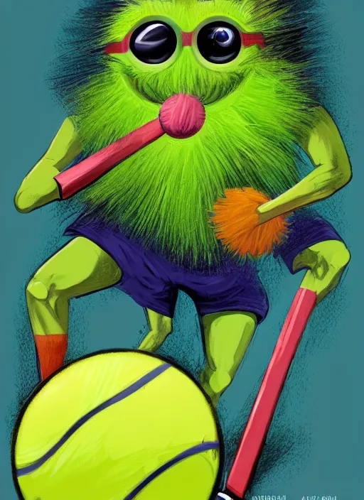 Image similar to tennis ball monsters playing tennis, a tennis ball monster, tennis ball, colorful, digital art, fantasy, magic, trending on artstation, ultra detailed, professional illustration, chalk, poster artwork by basil gogos, clean