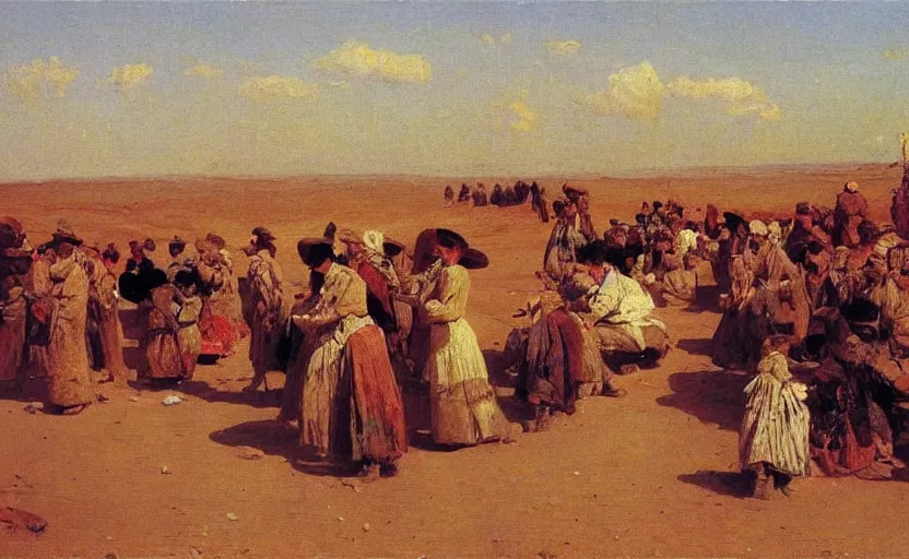 Image similar to high quality high detail painting by ilya repin, a long row of people in the desert, hd