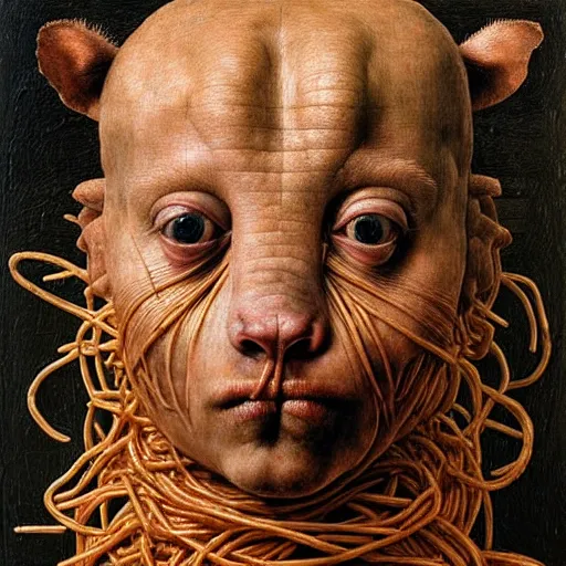 Image similar to half boy half rhino made of spaghetti, by giuseppe arcimboldo and ambrosius benson, renaissance, intricate and wet oil paint, a touch of beksinski, realistic