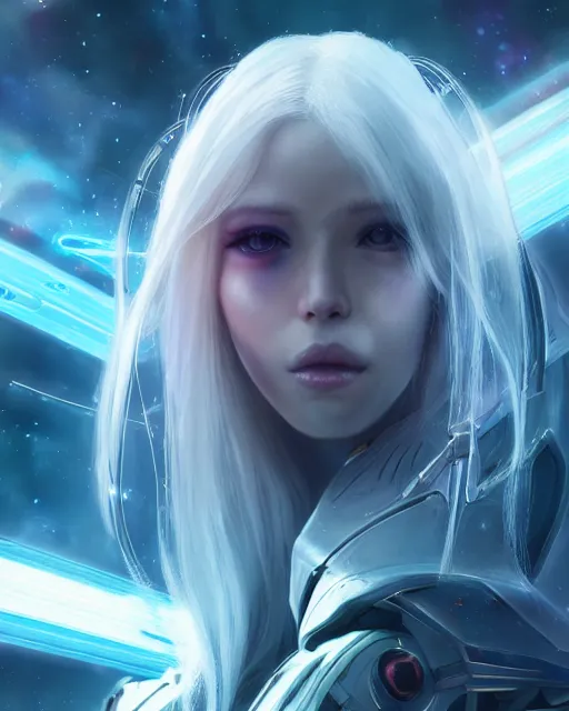 Image similar to perfect android girl on a mothership, warframe armor, beautiful face, scifi, futuristic, galaxy, nebula, bae suzy, dreamy, long white hair, blue cyborg eyes, sharp focus, cinematic lighting, highly detailed, artstation, divine, by gauthier leblanc, kazuya takahashi, huifeng huang