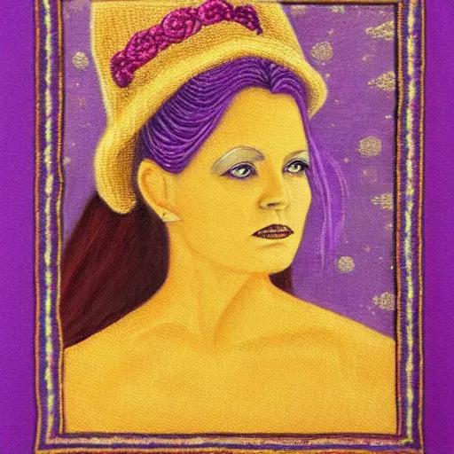 Image similar to portrait of a purple witch with golden embroidery, painting in the style of realism.