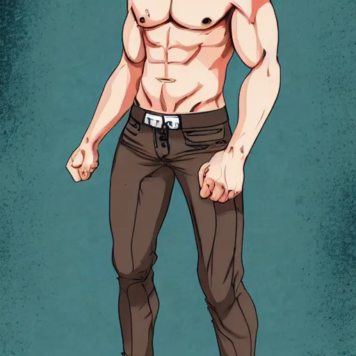 Image similar to well built man, rusty long hair, anime, high details,